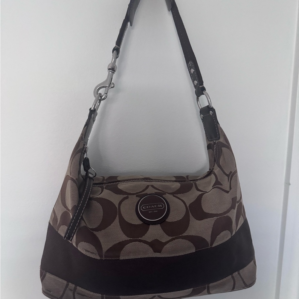 Coach Brown and Tan Shoulder Bag with Monogram Pattern